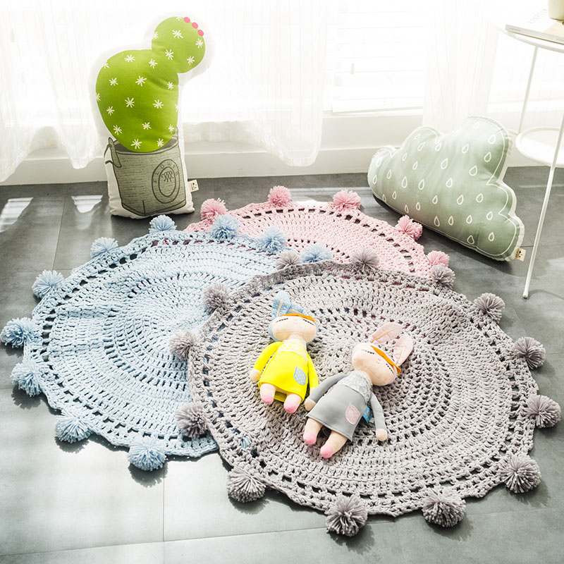 ins网红韩式纯色清新毛线地垫地毯圆形球球毯针织飘窗垫软装配饰