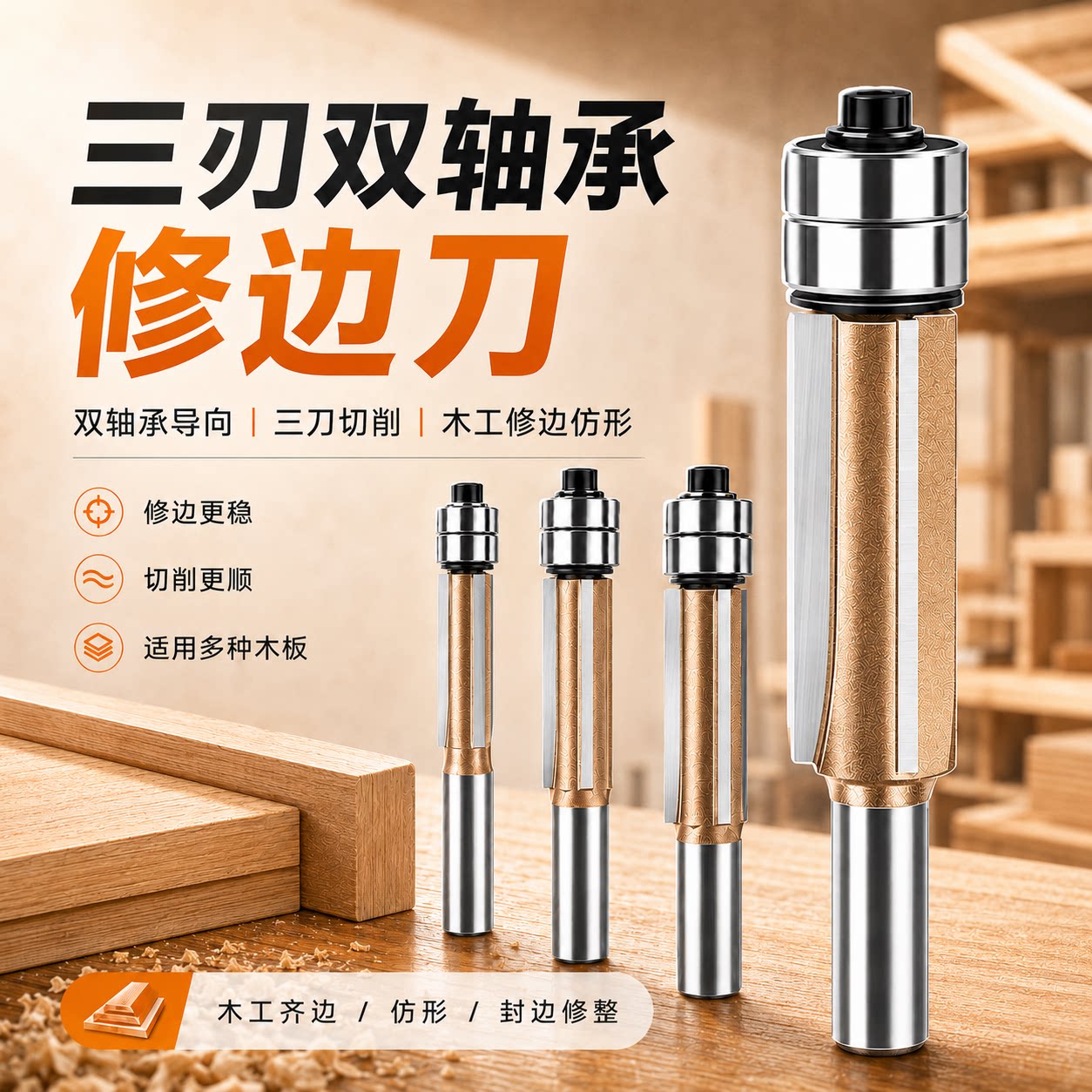 木工三刃双轴承修边刀仿形封边图片