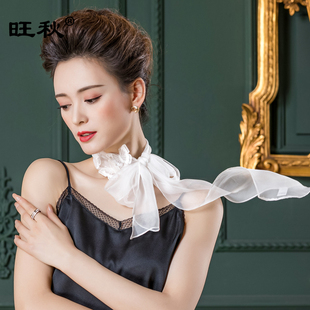 素雅纯色桑蚕丝围巾女蝴蝶贴布真丝丝巾细长条薄飘带柔软蚕丝领巾