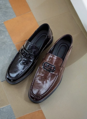 夏季透气乐福鞋男牛皮平跟一脚蹬时尚百搭商务休闲皮鞋男真皮软底