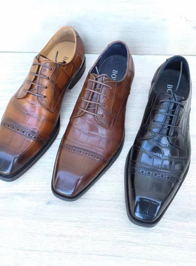 意大利手工男鞋方头系带德比鞋鳄鱼纹新郎婚鞋英伦商务皮鞋马皮