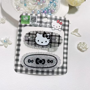Hellokitty可爱儿童发夹凯蒂猫银色闪粉经典黑白格发卡发饰品