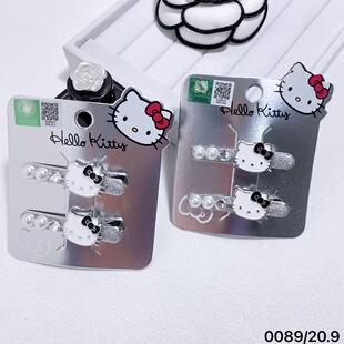 Hello Kitty凯蒂猫可爱卡通发夹刘海夹KT高级银色KT珍珠滴油边夹