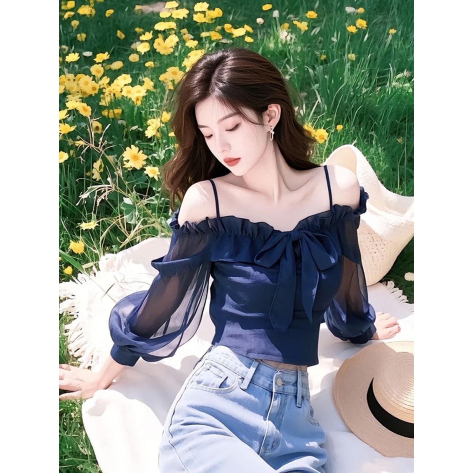 法式绝美气质雪纺衬衫女装2025春季新款名媛蝴蝶结露肩漂亮短上衣