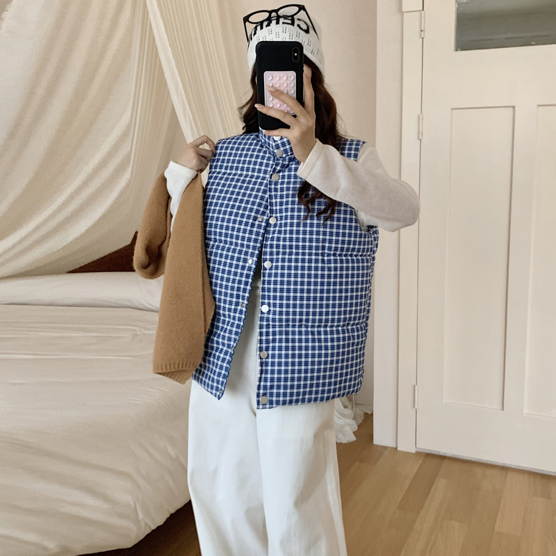 实拍韩系高级感蓝色格子羽绒棉衣马甲女冬季面包服棉袄外套上衣女