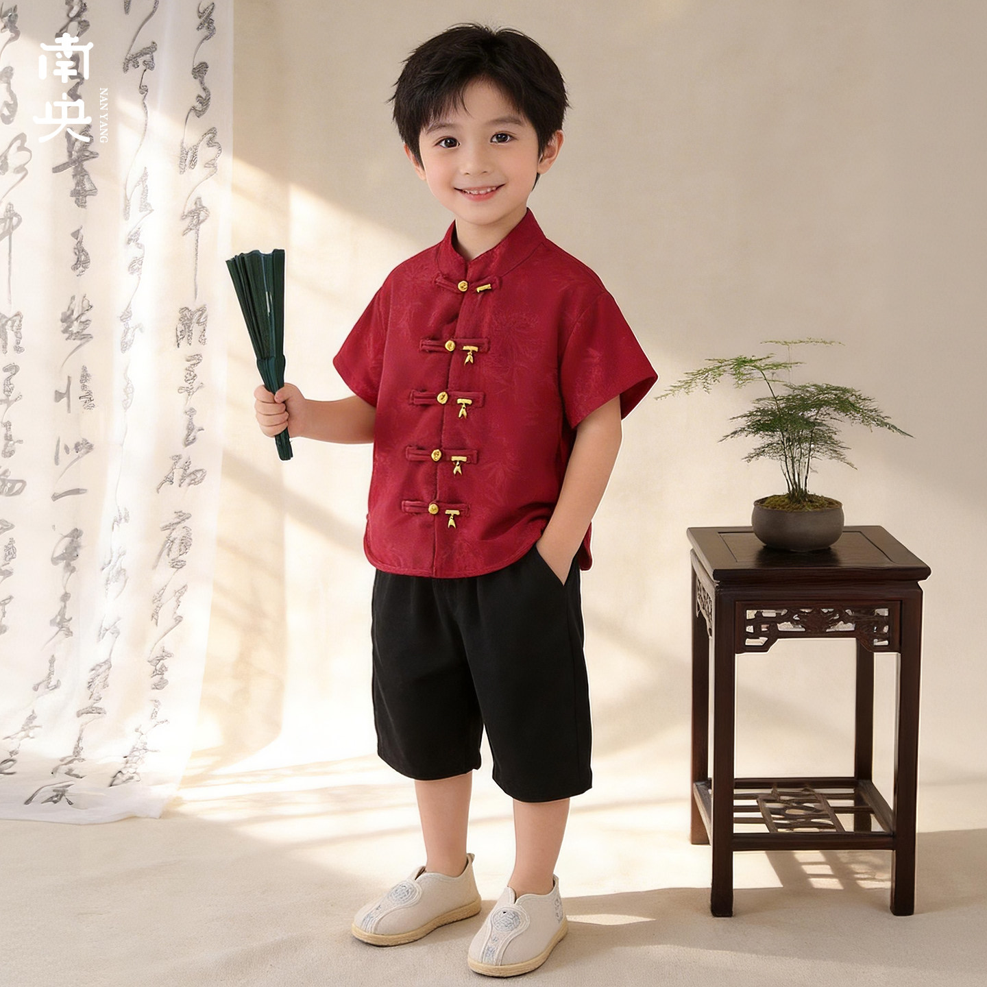 儿童新中式套装男童汉服短袖夏季薄款国风周岁服夏天宝宝古装红色图片