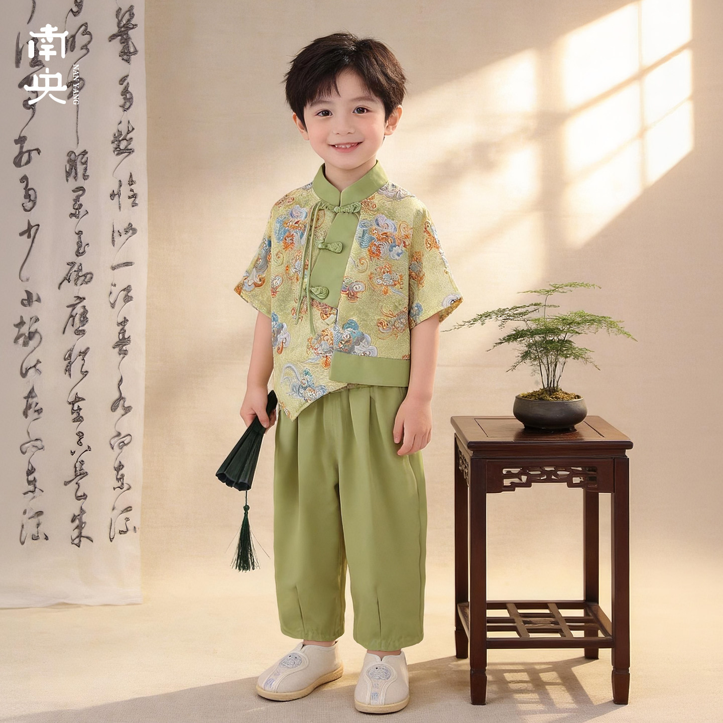 古风亲子汉服男童新中式套装儿童短袖两件套夏男孩国风小少爷唐装