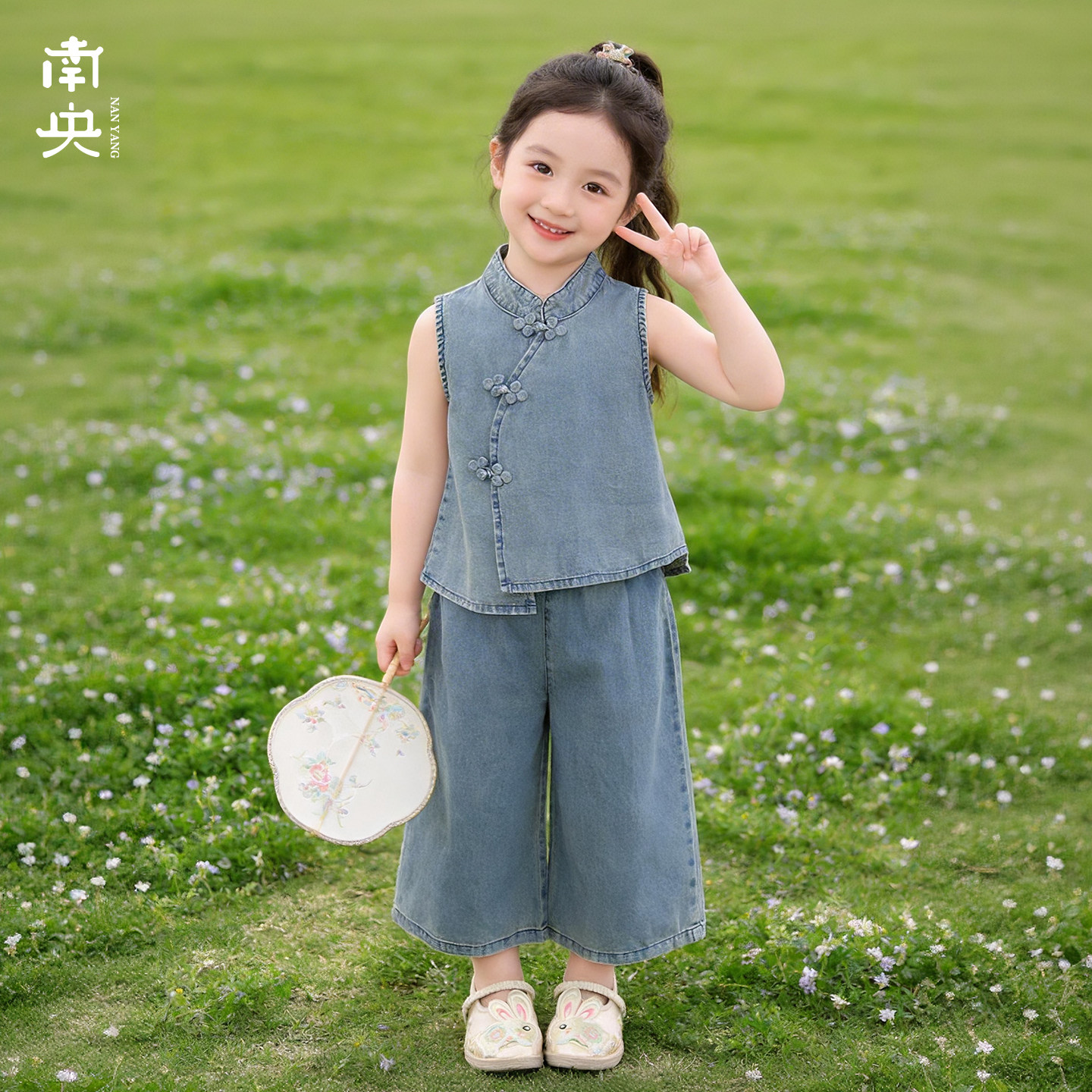 汉服女童套装夏季日常可穿洋气女孩新中式改良薄款中国风牛仔唐装图片