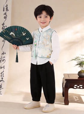 儿童国风汉服男童古风三件套秋天小男孩新中式马甲衬衫唐装春秋季