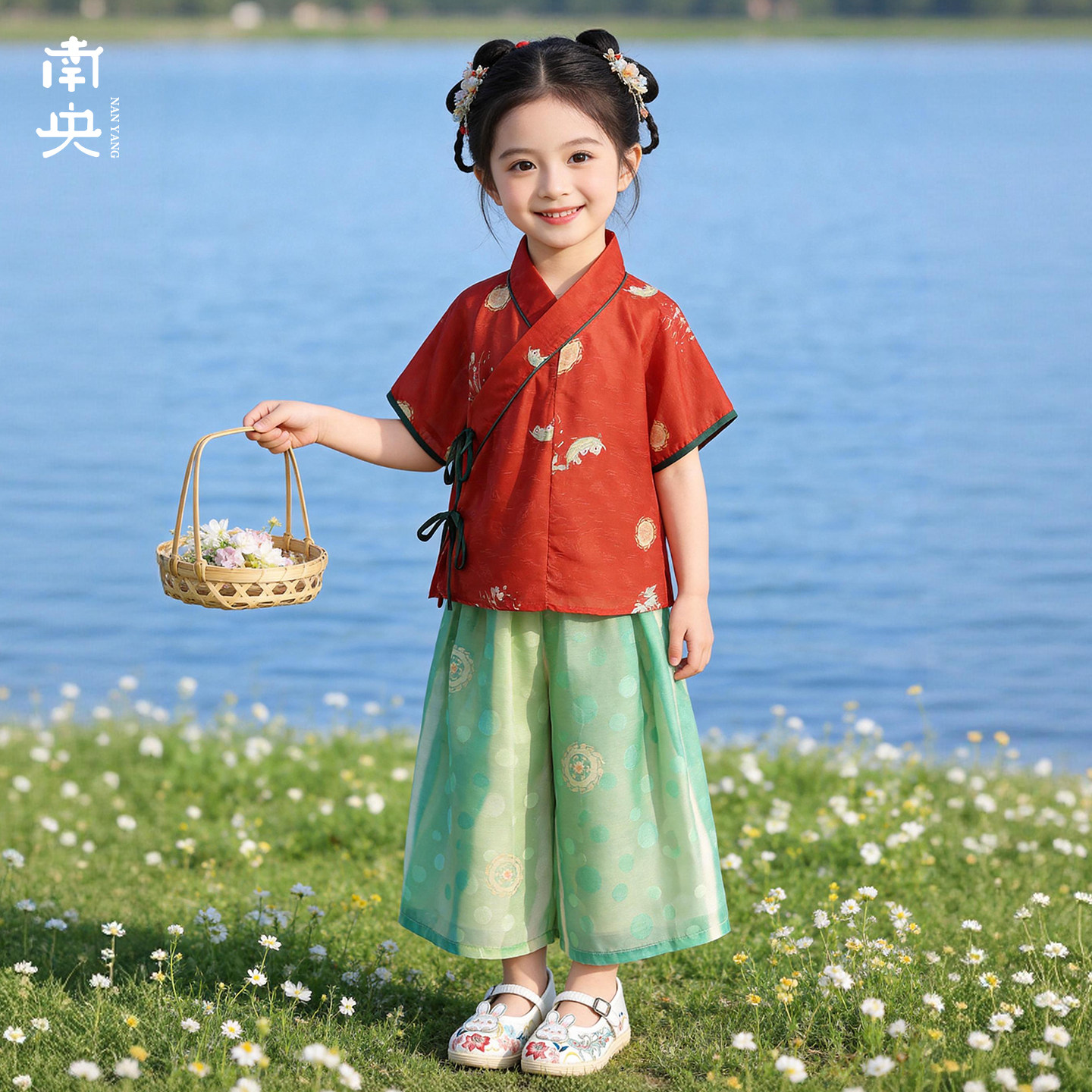古装女童宋制汉服夏季薄款儿童新中式套装短袖红色三件套女孩国风图片