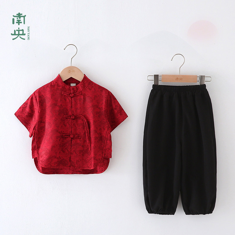 汉服男童古装中国风套装夏季薄款男孩改良红色唐装儿童国学服夏天图片