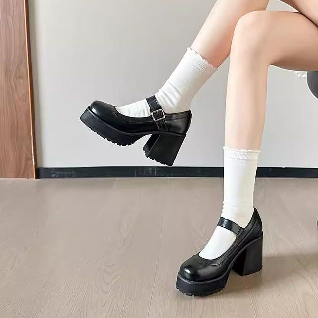 法式玛丽珍高跟鞋胖脚宽脚粗跟一字扣带厚底小皮鞋大码浅口单鞋