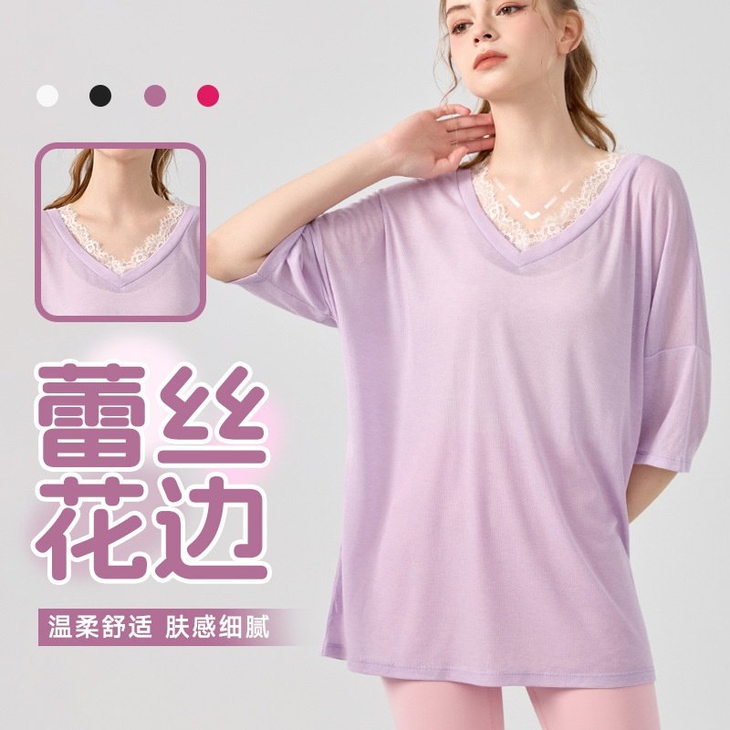 宽松V领蕾丝边瑜伽服百搭慵懒风短袖T恤普拉提运动健身上衣罩衫女,运动/瑜伽/健身/球迷用品,瑜伽t恤,淘宝优惠券,粉丝福利购,淘宝优惠卷