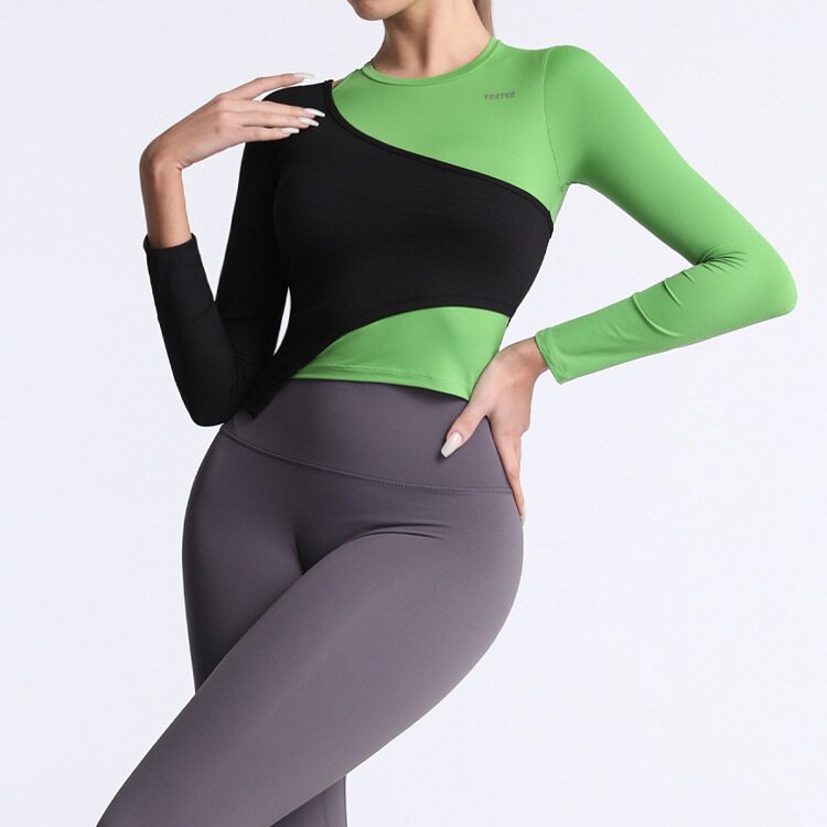 拼色紧身瑜伽服长袖女跑步套装春秋款弹力透气速干运动健身上衣潮