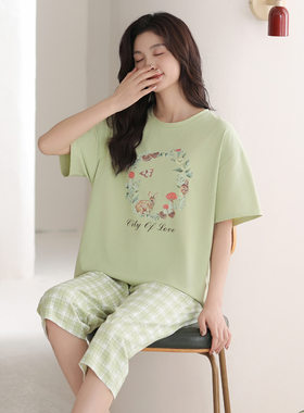 睡衣女款夏季纯棉短袖七分短裤薄款宽松休闲可外穿舒适可爱家居服