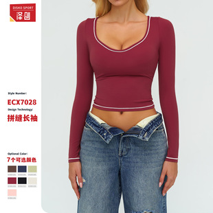 T恤户外跑步运动长袖 时尚 上衣7028 撞色磨毛修身 跨境秋冬瑜伽长袖