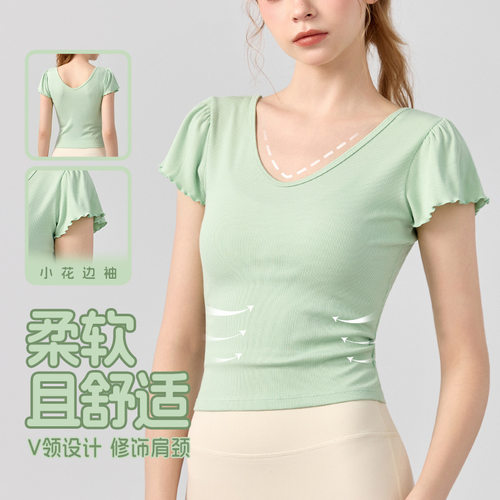 清纯修身v领小花边袖t恤女亲肤云感针织上衣遮肉外穿运动短袖