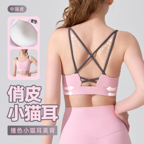 撞色小猫耳美背运动内衣女固定杯瑜伽吊带背心外穿跑步健身文胸