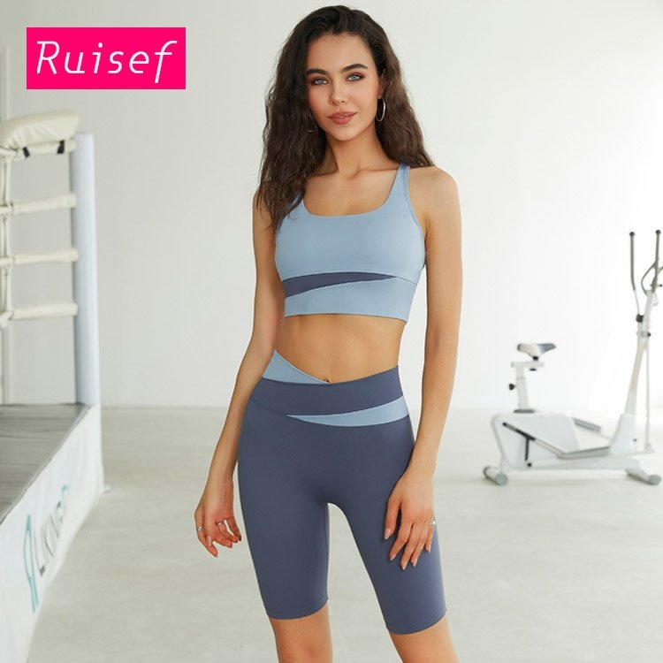 跨境新品撞色瑜伽服高强度运动文胸背心高腰提臀健身骑行短裤套装,运动/瑜伽/健身/球迷用品,瑜伽套装,淘宝优惠券,粉丝福利购,淘宝优惠卷