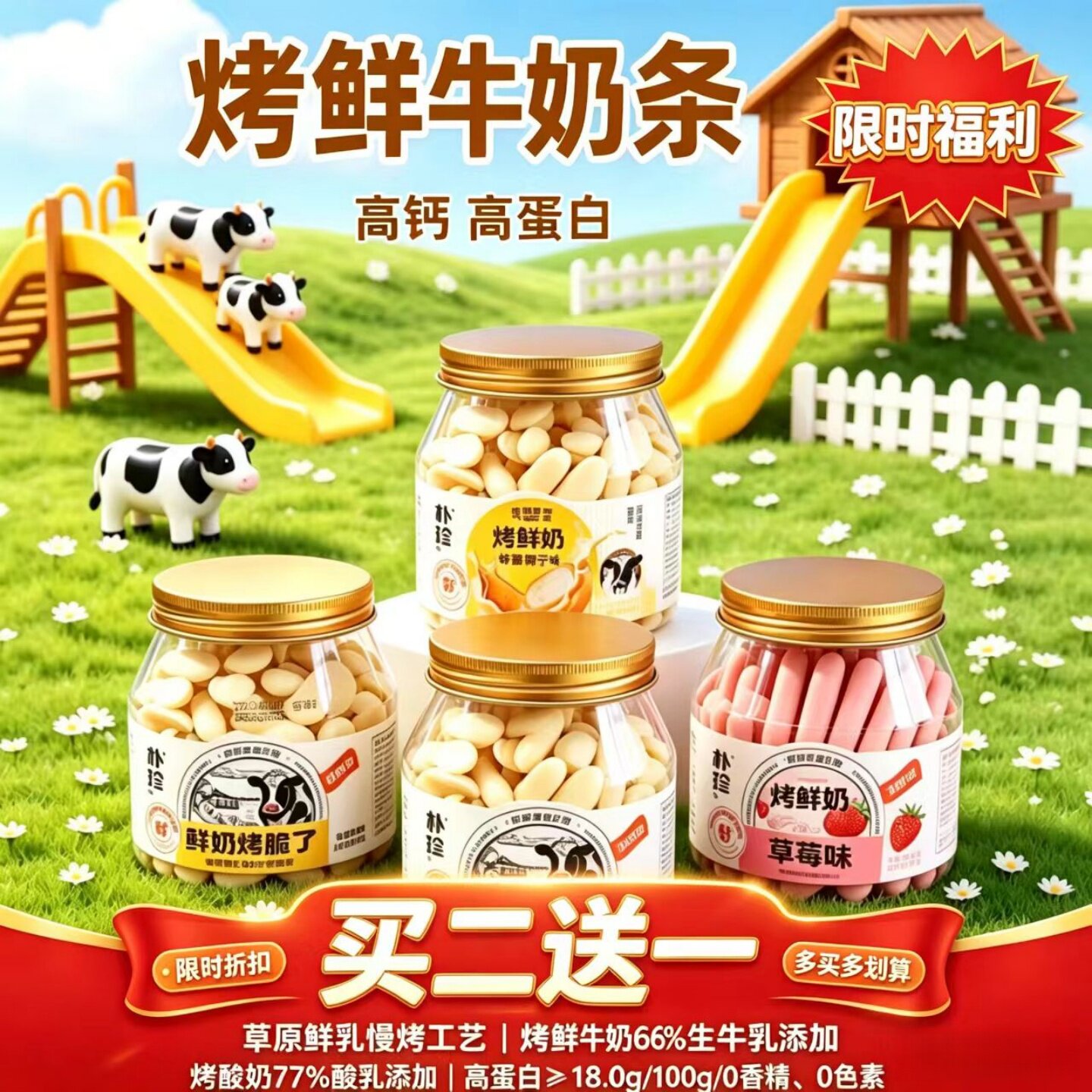 烤鲜奶条宝宝儿童零食高钙高蛋白质88克克罐装原味草莓味酸奶味