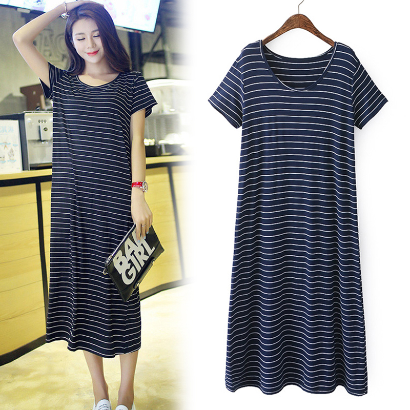2019夏季新款短袖宽松大码条纹连衣裙OL短袖圆领百搭胖MM加肥长裙