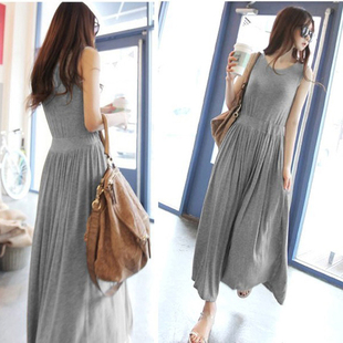 拖地长裙 显瘦打底裙莫代尔伞摆无袖 2019夏季 欧美百褶连衣裙修身