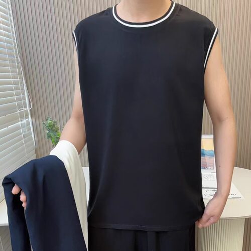 夏季棉绸薄款青年螺纹领背心两件套简约纯色运动居家套服人造棉