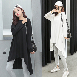 前短后长不规则长款 打底衫 时尚 长袖 潮 T恤女宽松大码 春秋2020新款