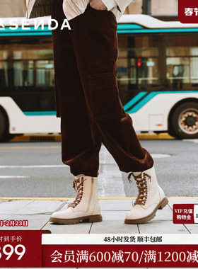 森达真皮马丁靴女2025冬新商场同款百搭显瘦休闲中筒靴XTC01DZ5