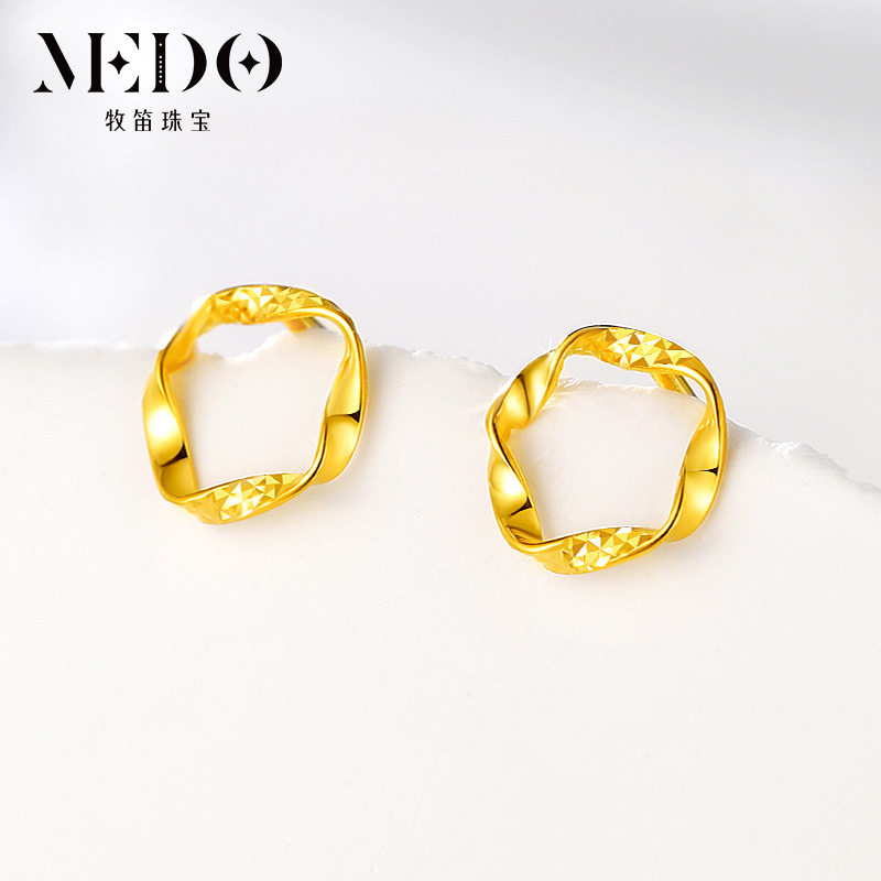 18K金黄金圆环波浪扭花耳钉女生车花耳环时尚简约百搭甜美耳饰