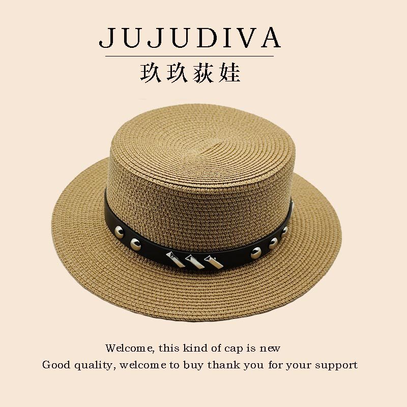 韩国平顶小檐草帽子女夏天遮阳防晒草编凉帽网红夏季时尚英伦礼帽