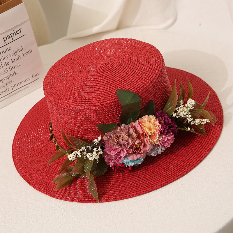 韩版平顶时尚海边遮阳帽防晒百搭沙滩帽女士小清新花朵太阳帽子潮