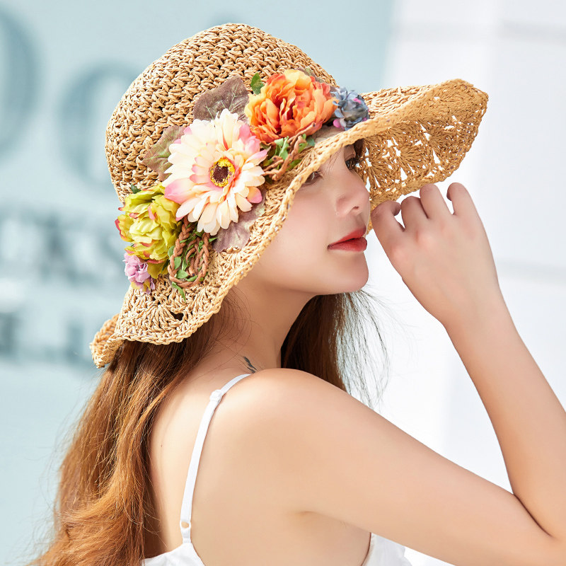 编织帽子女韩版潮百搭花朵草帽女夏季小清新出游防晒度假沙滩帽
