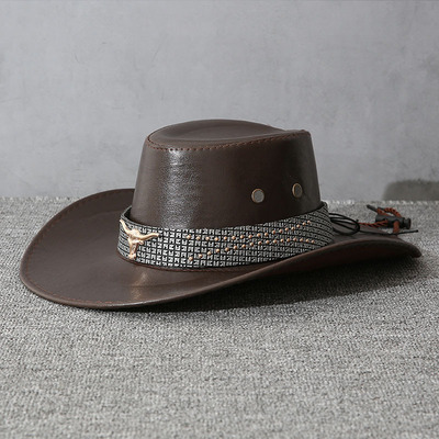 牛头皮带铆钉爵士帽男女春夏秋户外出游遮阳帽大沿藏族西部牛仔帽