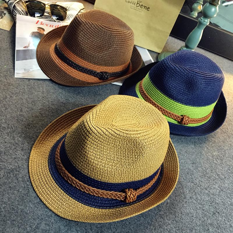 韩版麻绳拼色卷边小草帽潮韩版男士女爵士礼帽子遮阳沙滩春夏