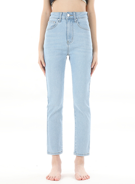 gpod vgoze水洗浅蓝色修身烟管辣妹高腰小直筒牛仔裤女2025冬款0