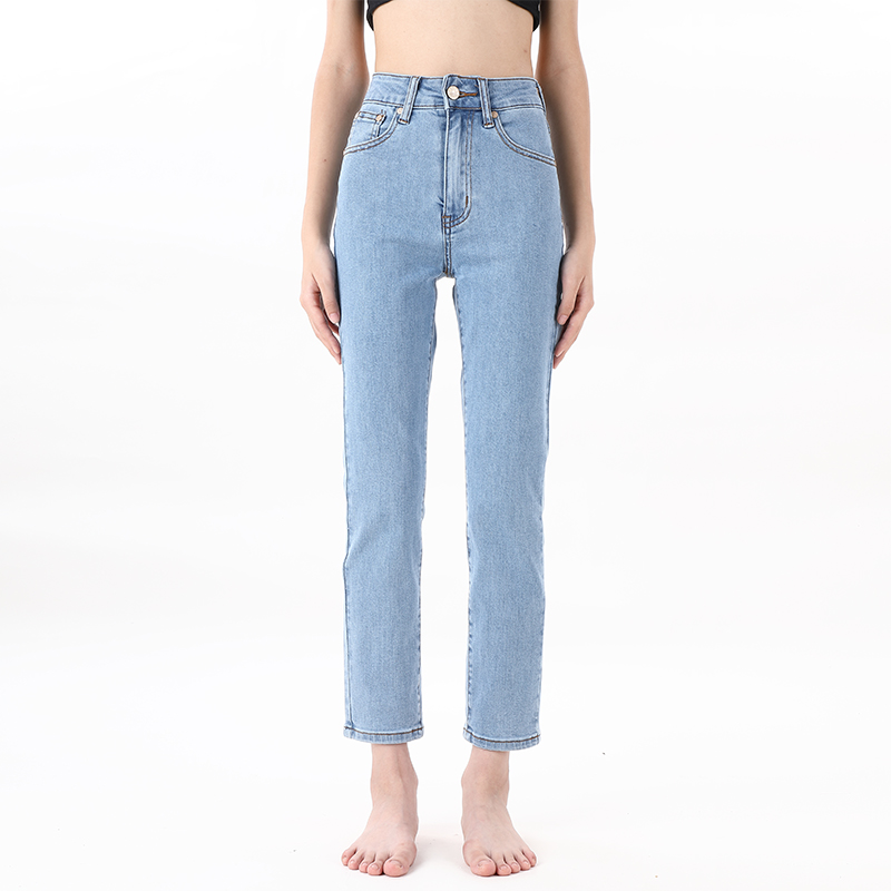 水洗浅蓝小直筒牛仔裤法式高腰裤