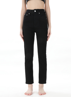 GPOD VGOZE加绒加厚修身马丁靴裤黑色高腰小直筒牛仔裤女2025新R