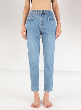 GPOD小个子浅蓝水洗哈伦宽松锥形高腰小直筒牛仔裤女冬WALN弹力