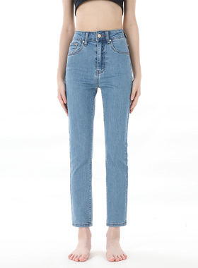 GPOD vgoze薄款浅蓝色修身烟管裤高腰小直筒牛仔裤女2025冬新款0