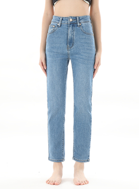 gpod BEFR质感法式复古烟管裤浅蓝高腰小直筒牛仔裤女2025冬新款2