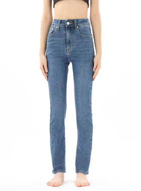 gpod vgoze深蓝高腰牛仔裤女2025冬新款铅笔裤修身法式小直筒裤0