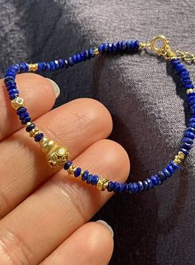 原创设计老矿青金飞碟珠古法银葫芦手链