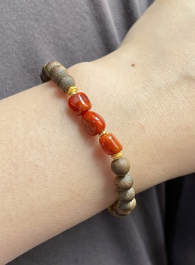 原创设计天然奇楠沉香搭配随形南红单圈手串