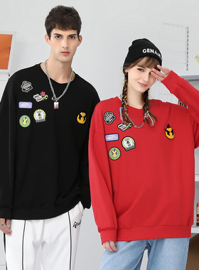 GENANX闪电潮牌圆领套头红色纯棉卫衣宽松复古绣章秋冬长袖上衣