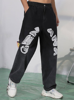 GENANX闪电潮牌黑色牛仔裤春季新款字母植绒绣设计高腰宽松牛仔裤