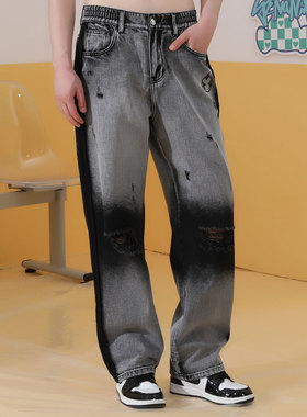 GENANX闪电潮牌2023新款黑灰色水洗牛仔裤破洞线须牛仔休闲裤垂感