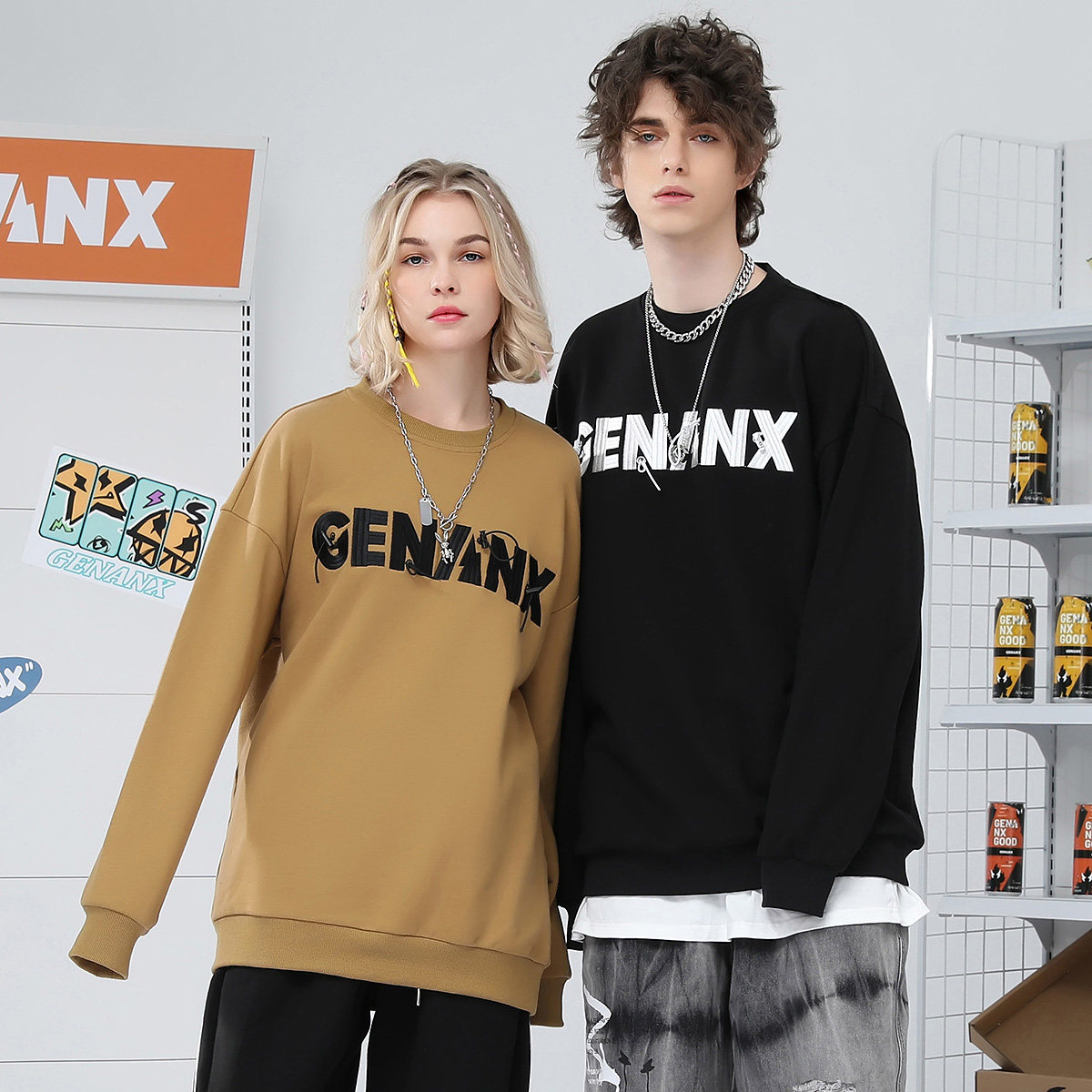 GENANX闪电潮牌纯棉卫衣情侣装英文刺绣圆领套头休闲上衣秋季新款