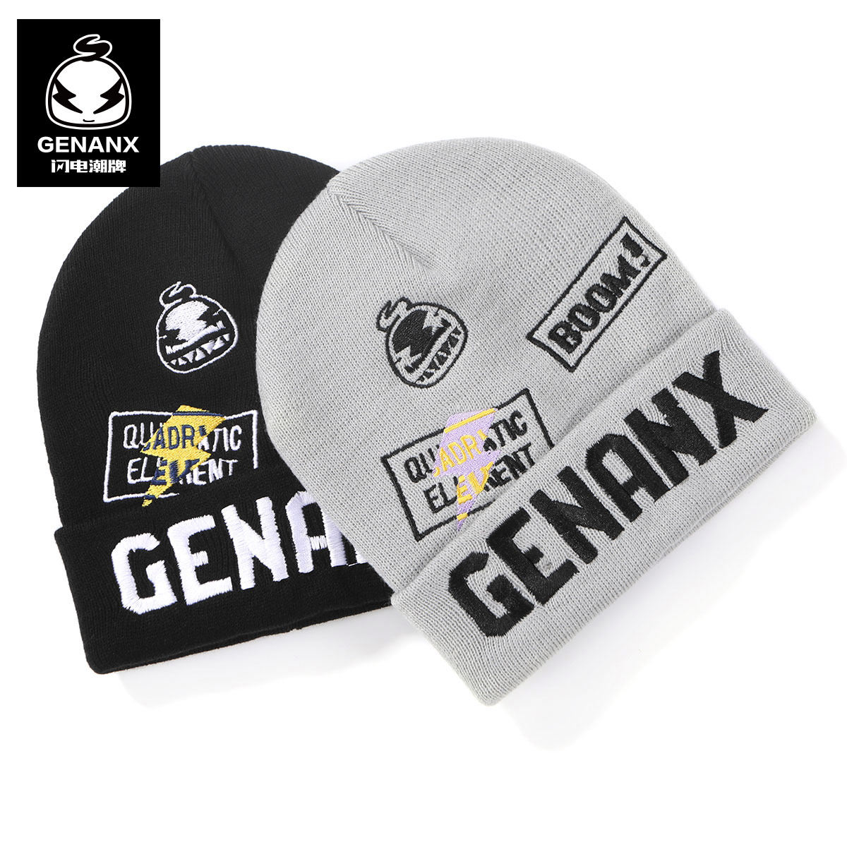GENANX闪电潮牌冷帽情侣款英文字母图案绣花圆顶包头保暖针织帽男