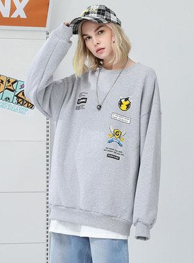 GENANX闪电潮牌灰色卫衣圆领套头罗纹下摆收口宽松潮百搭上衣情侣